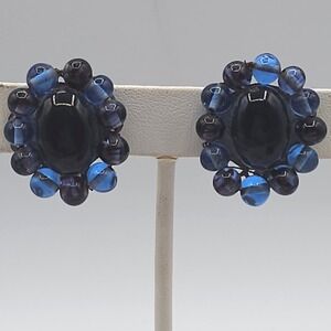 VTG Retro Earrings Dark Blue Beaded Cluster Clip-On Japan Lucite McM Fashion Art